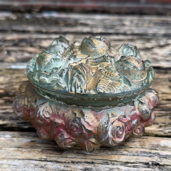 Antique Goofus Glass Vanity Powder Puff Jar Trinket Box Red & Gold Rose - Picture 9 of 9
